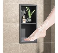Bernkot Duschnische - Niche murale en acier inoxydable 304 avec étagère - Noir mat - 31 x 12 cm - Pour salle de bain - Repose-pieds avec montage sur le dessus - Pas de carrelage nécessaire