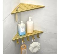 Bernkot Etagere Douche Angle Lot de 2, étagère de Douche en Coin avec Crochets d'angle en Acier Inoxydable 304, Etagere Angle Salle de Bain 254mm, pour Mur carrelé, sans perçage, Or