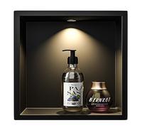 Bernkot Niche murale pour douche en acier inoxydable avec éclairage LED orienté vers le bas, 30 cm x 30 cm, étanche - Aucun carrelage requis, rangement pour salle de bain, niche, noir mat