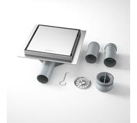 Bernkot Siphon de douche en acier inoxydable - 15 x 15 cm - Avec siphon à 360° et filtre à cheveux 2 en 1 - À carreler - 2 adaptateurs de vidange DN50 DN40 - Argenté