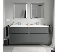 BERNSTEIN - Meuble double vasque suspendu salle de bain MDF Anthracite mat, lavabos fonte minérale Blanc mat + trous robinet, tiroirs passe-main pivotants - 160x46x62cm - VIREO