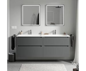 BERNSTEIN - Meuble double vasque suspendu salle de bain MDF Anthracite mat, lavabos fonte minérale Blanc mat + trous robinet, tiroirs passe-main pivotants - 160x46x62cm - VIREO