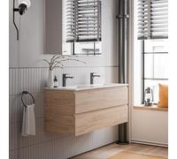 BERNSTEIN - Meuble double vasque suspendu salle de bain MDF Chêne miel, lavabos Céramique Blanc brillant + trous robinets, trop plein & Bondes - 120x46x50cm - AVA