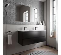 BERNSTEIN - Meuble double vasque suspendu salle de bain MDF Noir mat, 2 lavabos fonte minérale Blanc mat, avec trous robinets - 120x46x50cm - AVA BRUXELLES