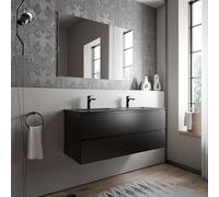 BERNSTEIN - Meuble double vasque suspendu salle de bain MDF Noir mat, 2 lavabos fonte minérale Noir mat, avec trous robinets - 120x46x50cm - AVA BRUXELLES