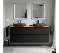 BERNSTEIN - Meuble sous vasque suspendu salle de bain MDF Noir mat, plan vasque Chêne miel, poignée métal Noir mat - 160x46x62cm - LAVOA