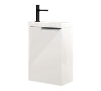 BERNSTEIN - Meuble vasque lave-main suspendu MDF Blanc brillant 40x22x55cm, lavabo Céramique Blanc + trou robinet + poignée métal Noir mat - TIM40