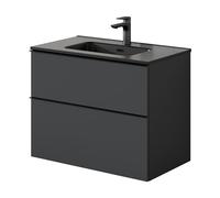 BERNSTEIN - Meuble vasque suspendu salle de bain MDF Anthracite mat, lavabo céramique Noir mat, poignée métal Noir mat + trou robinet - 81x64x47cm - LAVOA
