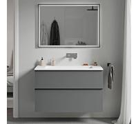 BERNSTEIN - Meuble vasque suspendu salle de bain MDF Anthracite mat, lavabo fonte minérale Blanc mat sans trou robinet, poignée métal Chrome - 80x46x62cm - LAVOA