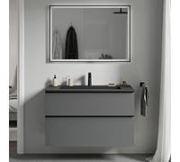 BERNSTEIN - Meuble vasque suspendu salle de bain MDF Anthracite mat, lavabo fonte minérale Noir mat + trou robinet, poignée métal Anthracite mat - 100x46x62cm - LAVOA