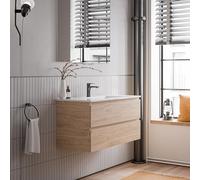 BERNSTEIN - Meuble vasque suspendu salle de bain MDF Chêne miel, lavabo Céramique Blanc brillant + trou robinet, trop plein & Bonde - 100x46x50cm - AVA