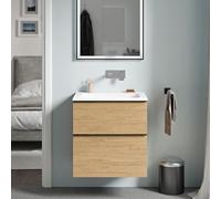 BERNSTEIN - Meuble vasque suspendu salle de bain MDF Chêne miel, lavabo fonte minérale Blanc mat sans trou robinet, poignée métal Chrome - 60x46x62cm - LAVOA