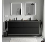 BERNSTEIN - Meuble vasque suspendu salle de bain MDF Noir mat, lavabo fonte minérale Noir mat + trou robinet, poignée métal Noir mat - 160x46x62cm - LAVOA