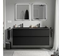 BERNSTEIN - Meuble vasque suspendu salle de bain MDF Noir mat, lavabo fonte minérale Noir mat + trou robinet, poignée métal Noir mat - 120x46x62cm - LAVOA