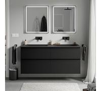 BERNSTEIN - Meuble vasque suspendu salle de bain MDF Noir mat, lavabo fonte minérale sans trou robinet & poignée métal Noir mat - 120x46x62cm - LAVOA