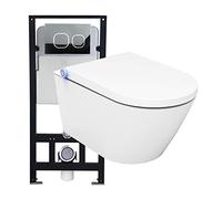 BERNSTEIN - Pack WC japonais + Bâti-support plaque Satin, Toilettes suspendu lavant Cuvette céramique brillant, jet douche, Abattant LED, Chasse Vortex 180° - 59x38x38cm - Basic 1102