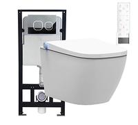 BERNSTEIN Pack WC japonais + Bâti-support plaque Verre Blanc, Toilettes suspendu lavant + télécommande, jet douche, séchoir air chaud, filtre & ventilateur à odeurs, Chasse 180°, 59x38x38cm, Pro+1104