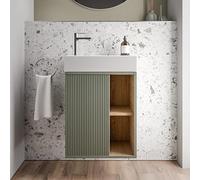 BERNSTEIN - Petit Meuble Vasque Suspendu Salle de Bain MDF lavabo céramique DURAVIT 1 Porte charnière à Gauche + 2 Cases Rangement - Vert Jade Mat - 55x24x59cm - BELDIVO