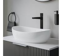 BERNSTEIN - Vasque Lavabo Ovale à poser Blanc brillant 55x35x15cm fonte minérale Lave main + Bonde pop-up & cache Chrome - Design, Robuste & Durable - PB2004