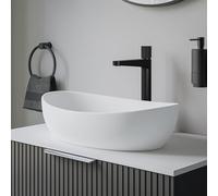 BERNSTEIN - Vasque Lavabo Ovale à poser Blanc mat 55x35x15cm fonte minérale Lave main + Bonde pop-up & cache Chrome - Design, Robuste & Durable - PB2004