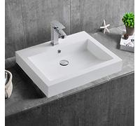 BERNSTEIN - Vasque Lavabo Rectangulaire à poser/suspendre Blanc brillant 60x48x14cm Lave main mural fonte minérale + Bonde pop-up Chrome & trou robinet - Design, Robuste & Durable - BS6049