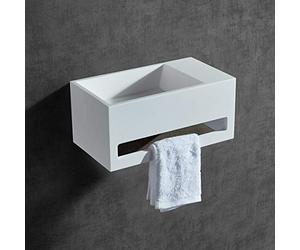 BERNSTEIN - Vasque Lavabo Rectangulaire suspendu Blanc mat 60x40x20cm Lave main mural fonte minérale + Porte-serviette & Bonde cache Blanc - Etagère à droite - Design, Robuste & Durable - TWG02