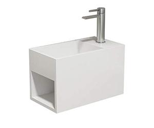 BERNSTEIN - Vasque Lavabo Rectangulaire suspendu fonte minérale Lave main mural Blanc mat 33x18x21cm + Etagère & trous pré-percés de montage - Design, Robuste & Durable - PB2046