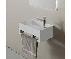 BERNSTEIN - Vasque Lavabo Rectangulaire suspendu fonte minérale Lave main mural Blanc mat 50x30x20cm + Porte-serviette & Bonde pop-up chrome - Design, Robuste & Durable - PB2077
