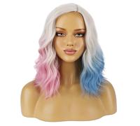 BERON Perruque blonde ombrée rose bleue courte bouclée pour femme - Cheveux synthétiques ondulés - Utilisation quotidienne