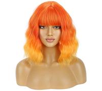 BERON Perruque courte bouclée ondulée avec frange pour femme de 40,6 cm de long, cheveux synthétiques, bonnet inclus (orange ombré)