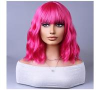 BERON Perruque courte bouclée ondulée pour femme de 40,6 cm avec frange - Cheveux synthétiques - Bonnet inclus (rose vif)
