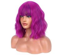 BERON Perruque de cheveux synthétiques courts bouclés et ondulés avec frange pour fille, rose et violet, 30,5 cm, pour un usage quotidien ou