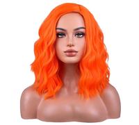 Beron Perruque orange courte bouclée ondulée pour filles perruques orange brillantes rayures latérales épaules synthétiques résistantes à la chaleur perruque fête