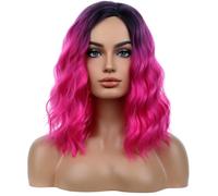 BERON Perruque rose vif, boucles courtes, perruque carrée, couleur ombrée ondulée, perruques de cheveux latéraux, perruques synthétiques pour femme, usage quotidien, fête