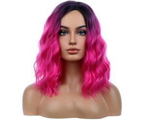 BERON Perruque rose vif, boucles courtes, perruque carrée, couleur ombrée ondulée, perruques de cheveux latéraux, perruques synthétiques pour femme, usage quotidien, fête