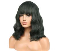 BERON Perruque verte foncée de 35,6 cm pour femme, perruque courte bouclée avec frange pour le quotidien ou les fêtes