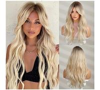 BERON Perruques blondes longues ondulées pour femme avec frange blond ombré bouclés résistants à la chaleur perruques synthétiques pour un usage quotidien perruque bonnet inclus