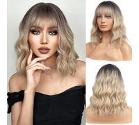 BERON Perruques courtes bouclées ombrées avec frange - Couleur ombrée - Cheveux synthétiques ondulés - 35 cm - Pour femme - Utilisation quotidienne et fête