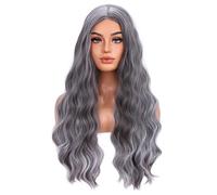 Beron - Ron - Perruques gris argenté pour femme - Cheveux synthétiques longs ondulés et bouclés - Raie au milieu - Résistants à la chaleur