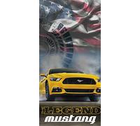 BERONAGE Ford Mustang Serviette de bain The Legend 75 x 150 cm Serviette de plage voiture jaune Muscle Car Drapeau US 100 % coton doux absorbant Plage Piscine Hommes Cadeau