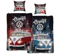 BERONAGE Parure de lit réversible avec Fermeture éclair pour VW Volkswagen Bulli Originals Rouge/Bleu 135 cm x 200 cm + 80 cm x 80 cm VW-Bus T1 100% Coton Linon/renforcé Rétro Camper Van 2 Motif