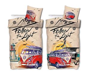 BERONAGE Parure de lit réversible VW Volkswagen Bulli Follow The Light 135 cm x 200 cm + 80 cm x 80 cm 100 % coton renforcé de qualité avec fermeture éclair 187