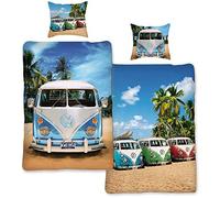 BERONAGE Parure de lit réversible VW Volkswagen Bulli Live Bleu 135 cm x 200 cm + 80 cm x 80 cm VW Bus T1 100 % coton de qualité flanelle de qualité rétro Camper Van 2 motifs Parure de lit réversible