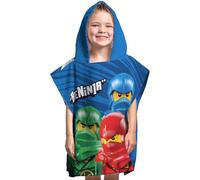 BERONAGE Poncho à capuche pour enfant Lego Ninjago - Bleu - 60 x 120 cm - 100 % coton - Peignoir de bain - Serviette de bain - Serviette de bain - Serviette de bain - Couverture - Coussin