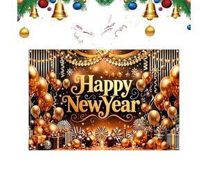 Berriphonia Bannière Happy New Year -Bannière De Ballons Dorés Imprimés 2D -99,1 X 149,9 Cm Décorations Murales Happy New Year 2026 -Pour Photographie, Anniversaire, Studio, Terrasse, Intérieur, Ma