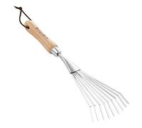 Berry&Bird Râteau à gazon à main en acier inoxydable 9 dents avec manche en bois ergonomique, petit râteau à main pour balayer et ramasser les feuilles dans le jardin, les pelouses et les cours