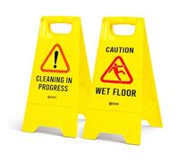 Berry Lot de 2 panneaux d'avertissement « Caution Wet Floor » jaune | Cleaning in Progress - Type A - Pliable - 2 en 1 - Double face - Pour magasins, hôtels, restaurants et centres commerciaux