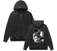 Berserk Anime Vintage Sweat à capuche zippé délavé, sweat graphique tendance à manches longues, Noir-10., 3XL