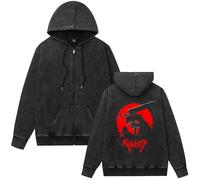 Berserk Anime Vintage Sweat à capuche zippé délavé, sweat graphique tendance à manches longues, Noir-11, 3XL