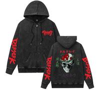 Berserk Anime Vintage Sweat à capuche zippé délavé, sweat graphique tendance à manches longues, Noir-3, 4XL